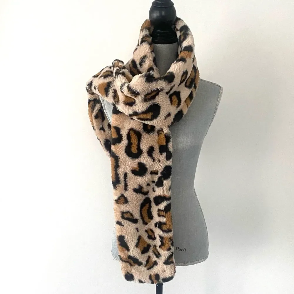 Minky Couture Leopard Print Faux Fur Scarf Oversized Soft Cozy Casual
